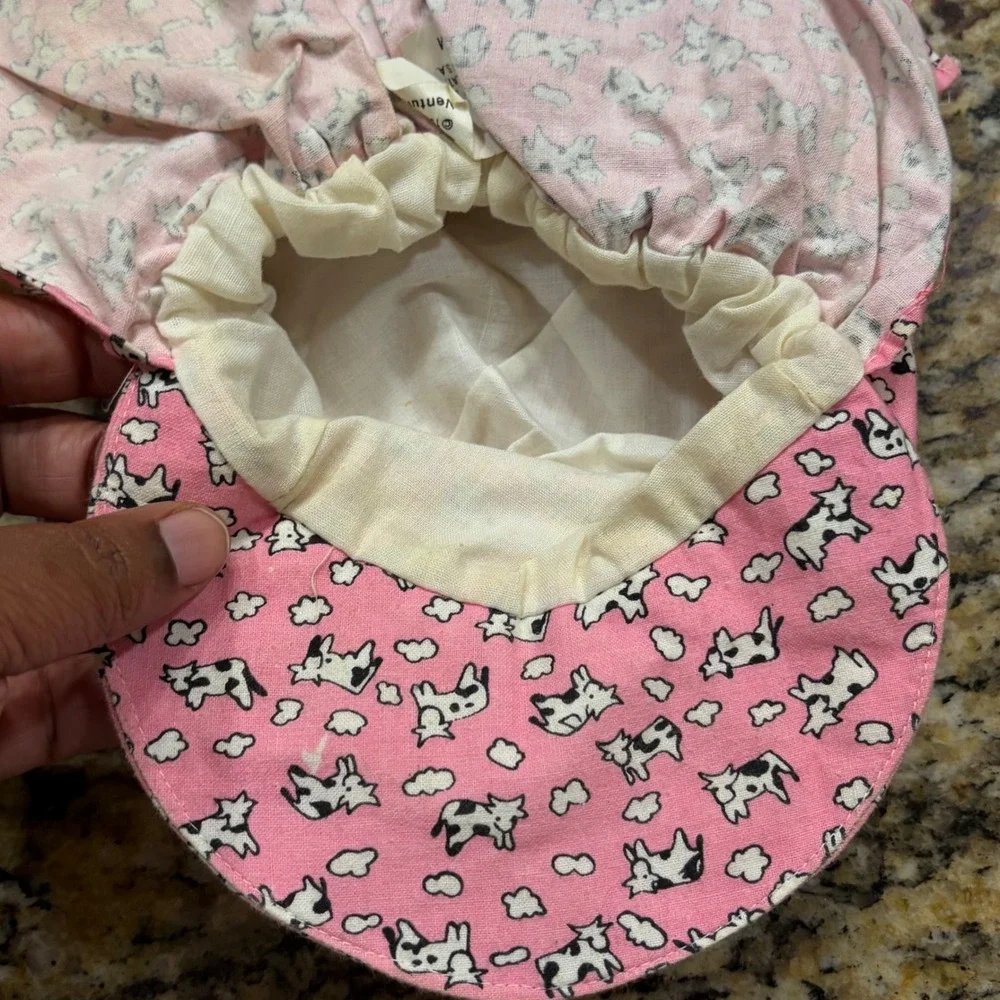 Vintage‎ 1987 Trop Hat Kids Pink Cow Print Flap Sun Hat Made in USA Size M